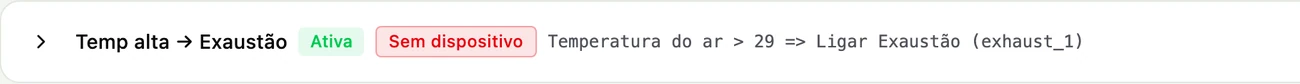 A regra Temp alta → Exaustão, ativa, com o selo vermelho Sem dispositivo e o resumo Temperatura do ar maior que 29 ⇒ Ligar Exaustão.